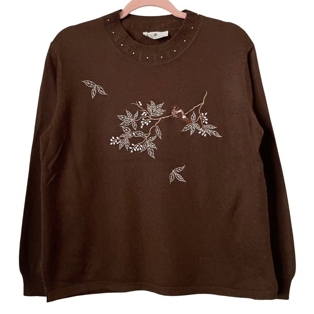 Vintage Cashmere Wool Bird Tree Sweater Brown Goblin Fairy‎ Nature Embroidered